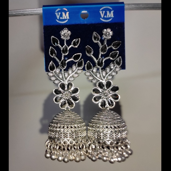 Silver Oxidized Jhumka Earrings - Picture 5 of 9